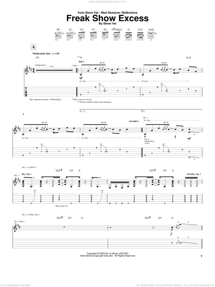 Freak Show Excess sheet music for guitar (tablature) by Steve Vai, intermediate skill level