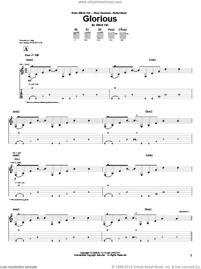 Glorious sheet music for guitar (tablature) by Steve Vai, intermediate skill level