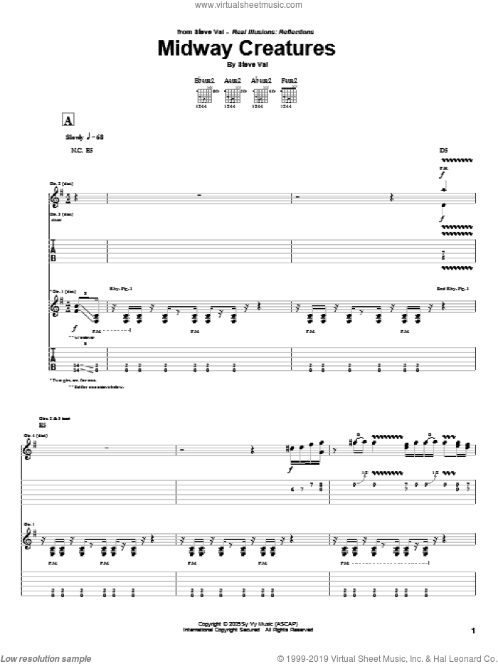 Midway Creatures sheet music for guitar (tablature) by Steve Vai, intermediate skill level