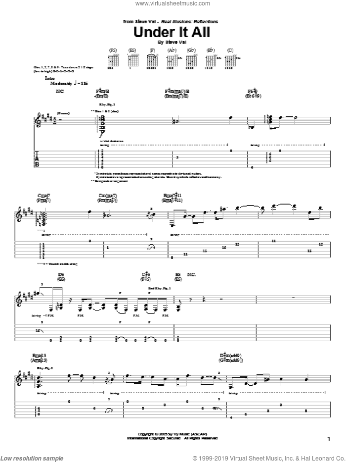 Under It All sheet music for guitar (tablature) by Steve Vai, intermediate skill level