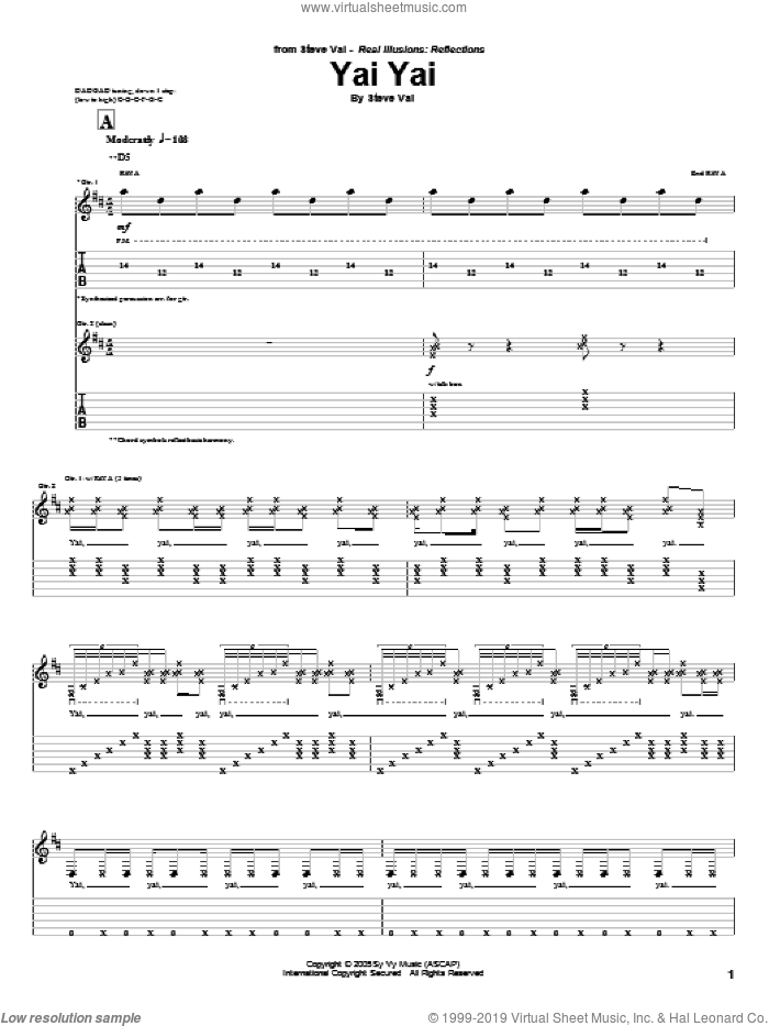 Yai Yai sheet music for guitar (tablature) by Steve Vai, intermediate skill level
