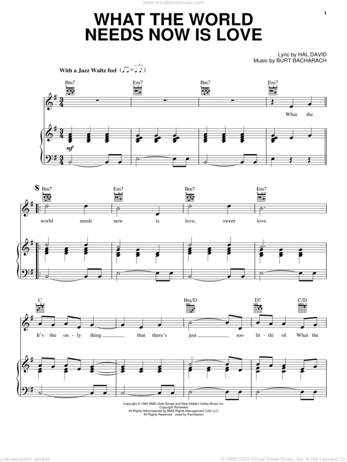 What The World Needs Now Is Love sheet music for voice, piano or guitar by Bacharach & David, Jackie DeShannon, Burt Bacharach and Hal David, intermediate skill level