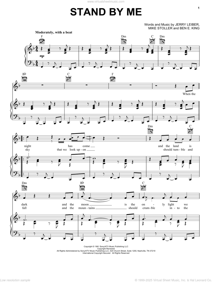 Stand By Me sheet music for voice, piano or guitar by Ben E. King, Leiber & Stoller, Jerry Leiber and Mike Stoller, intermediate skill level