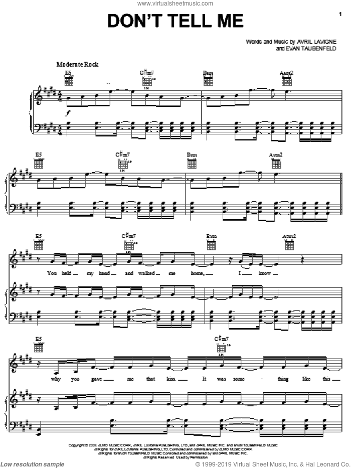 Don't Tell Me sheet music for voice, piano or guitar by Avril Lavigne and Evan Taubenfeld, intermediate skill level