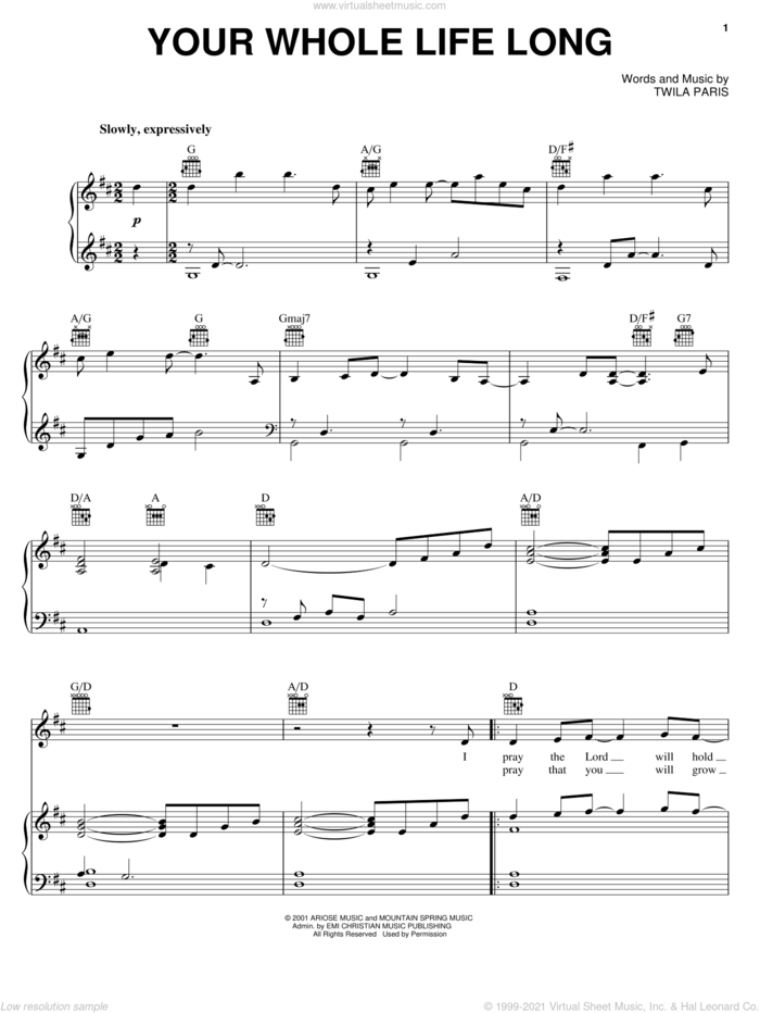 Your Whole Life Long sheet music for voice, piano or guitar by Twila Paris, intermediate skill level