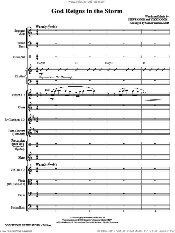 God Reigns In The Storm (COMPLETE) sheet music for orchestra/band (Orchestra) by Vikki Cook, Steve Cook and Camp Kirkland, intermediate skill level