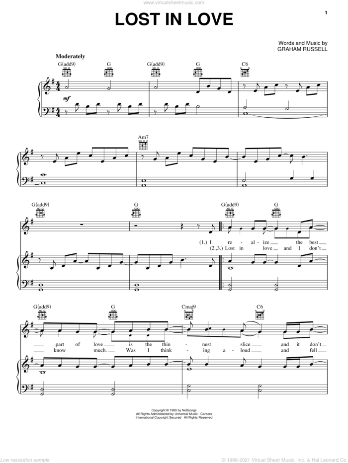 Lost In Love sheet music for voice, piano or guitar by Air Supply and Graham Russell, intermediate skill level