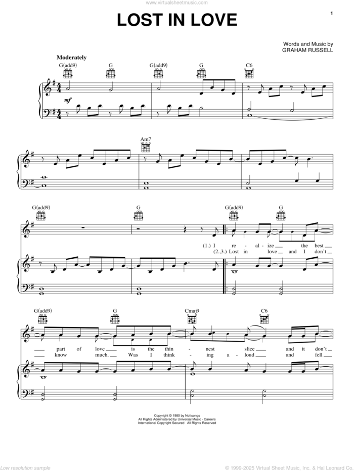 Lost In Love sheet music for voice, piano or guitar by Air Supply and Graham Russell, intermediate skill level