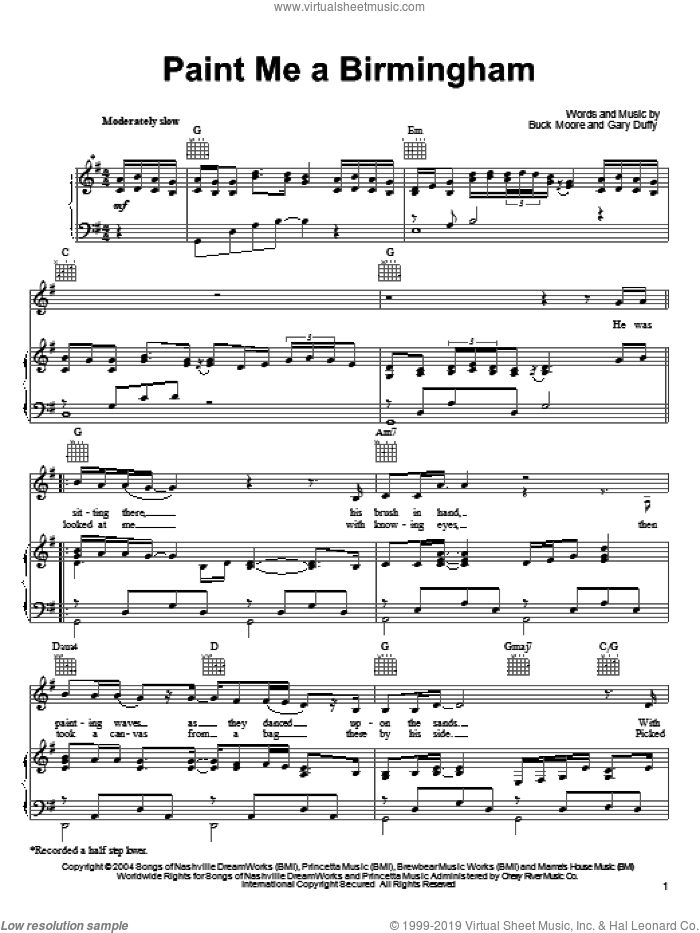 Paint Me A Birmingham sheet music for voice, piano or guitar by Tracy Lawrence, Buck Moore and Gary Duffy, intermediate skill level