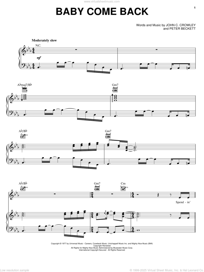 Baby Come Back sheet music for voice, piano or guitar by Player, John C. Crowley and Peter Beckett, intermediate skill level