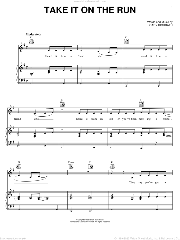 Take It On The Run sheet music for voice, piano or guitar by REO Speedwagon and Gary Richrath, intermediate skill level