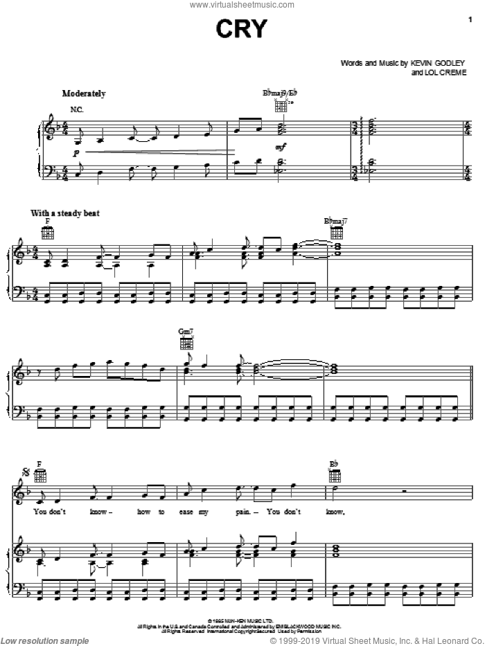 Cry sheet music for voice, piano or guitar by Godley & Creme, Kevin Godley and Lol Creme, intermediate skill level