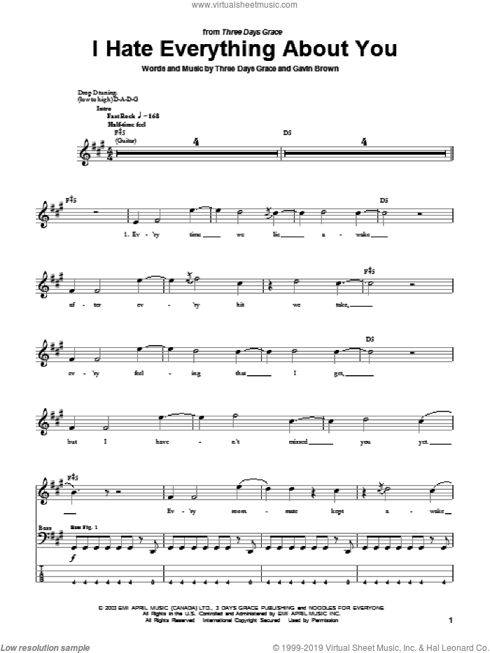 I Hate Everything About You sheet music for bass (tablature) (bass guitar) by Three Days Grace and Gavin Brown, intermediate skill level