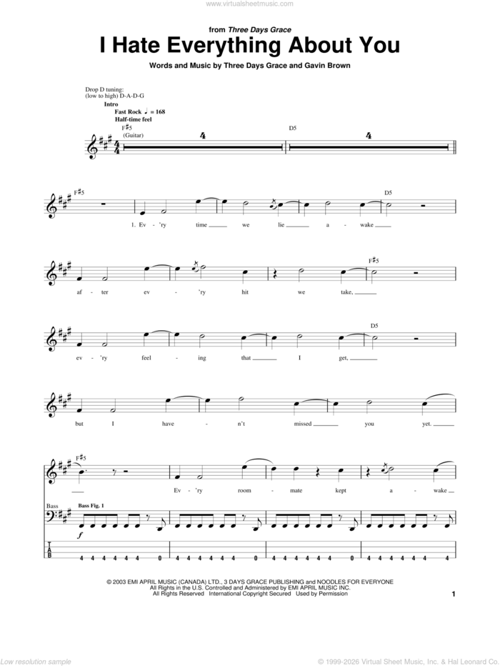 I Hate Everything About You sheet music for bass (tablature) (bass guitar) by Three Days Grace and Gavin Brown, intermediate skill level