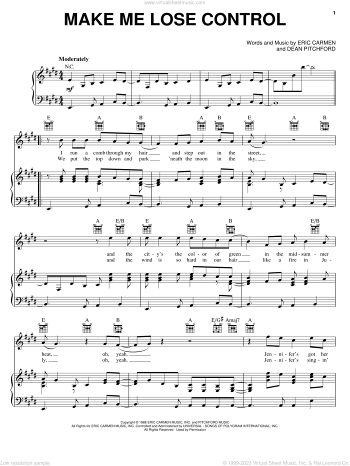 Make Me Lose Control sheet music for voice, piano or guitar by Eric Carmen and Dean Pitchford, intermediate skill level