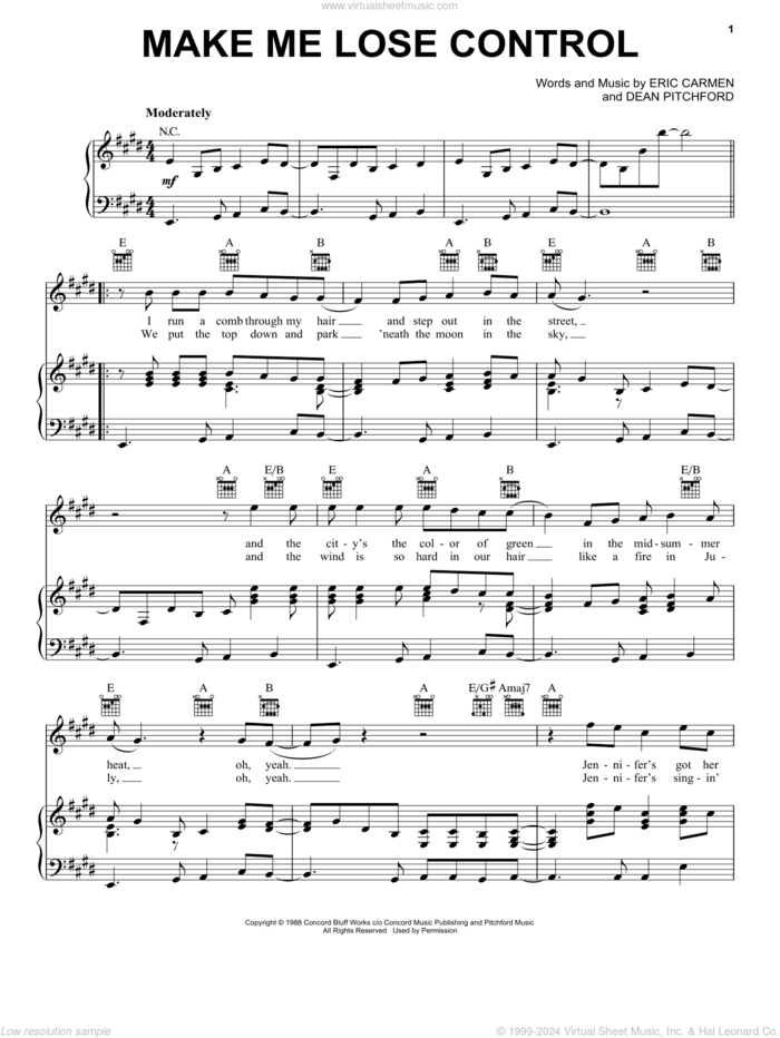 Make Me Lose Control sheet music for voice, piano or guitar by Eric Carmen and Dean Pitchford, intermediate skill level