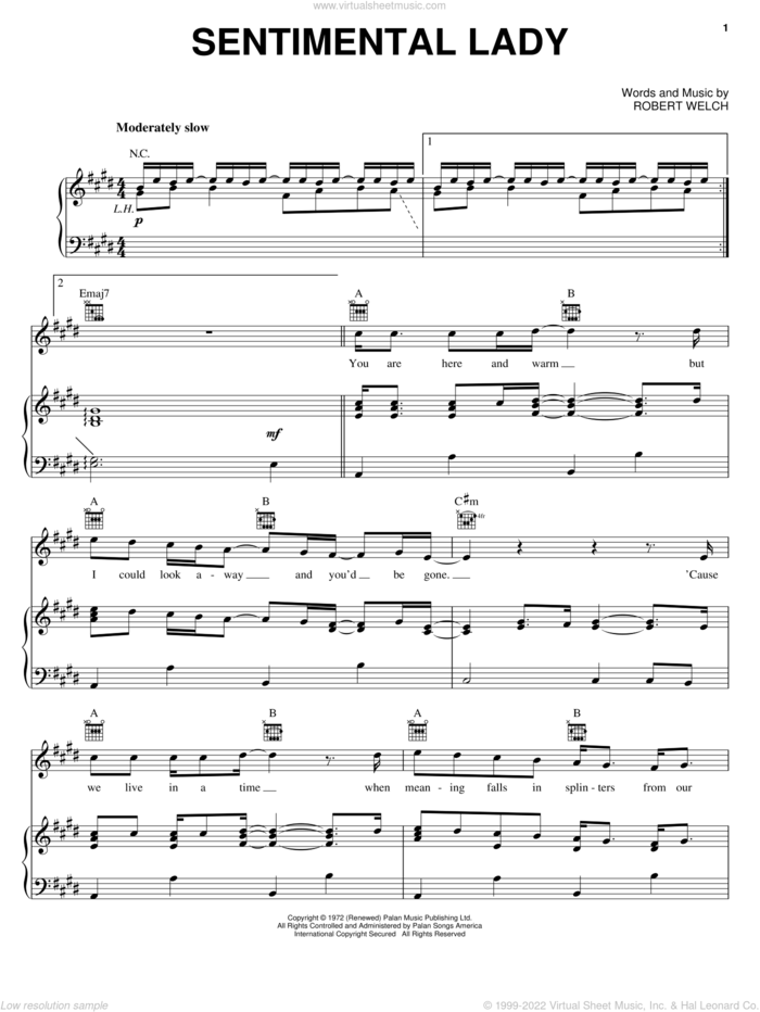 Sentimental Lady sheet music for voice, piano or guitar by Bob Welch, intermediate skill level