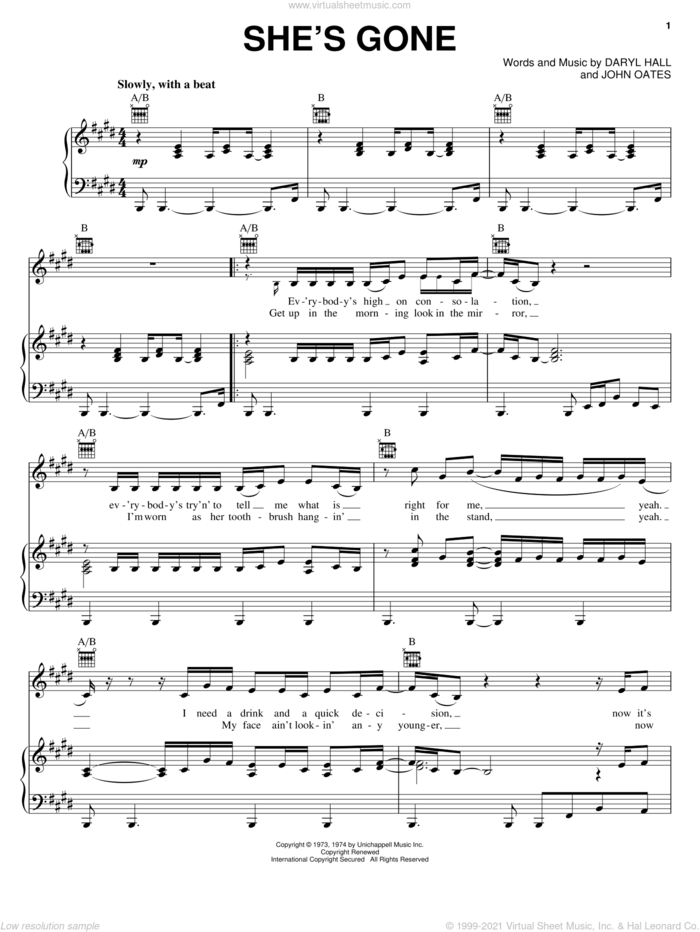 She's Gone sheet music for voice, piano or guitar (PDF)
