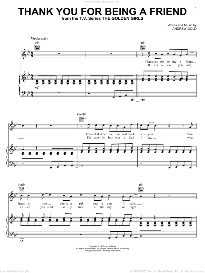 Thank You For Being A Friend (Theme from The Golden Girls) sheet music for voice, piano or guitar by Andrew Gold, intermediate skill level