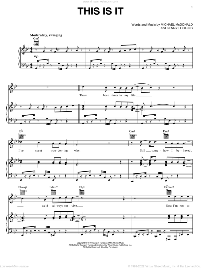 This Is It sheet music for voice, piano or guitar by Kenny Loggins and Michael McDonald, intermediate skill level