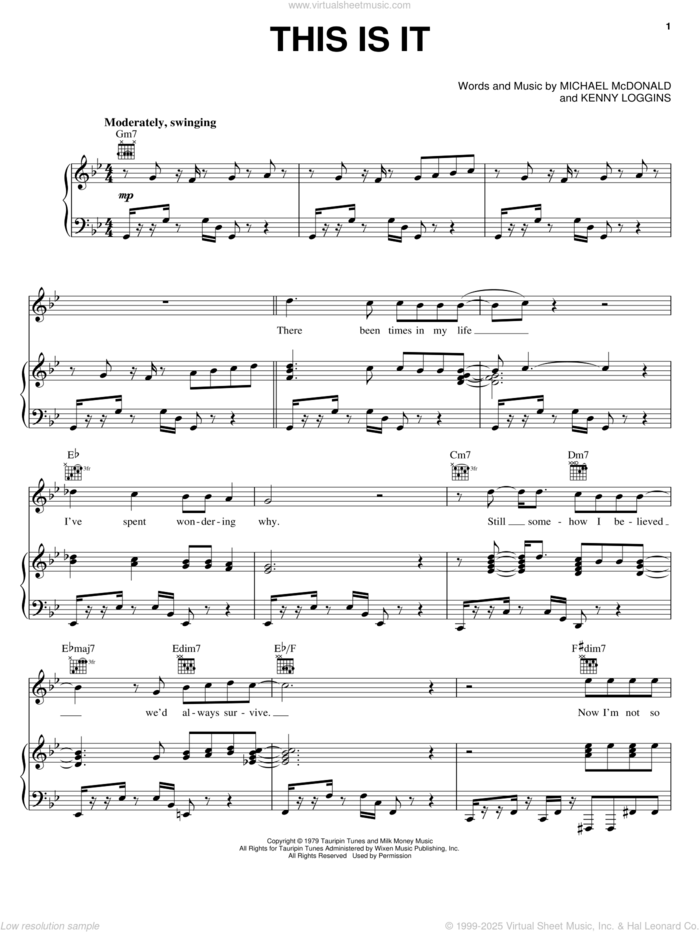 This Is It sheet music for voice, piano or guitar by Kenny Loggins and Michael McDonald, intermediate skill level