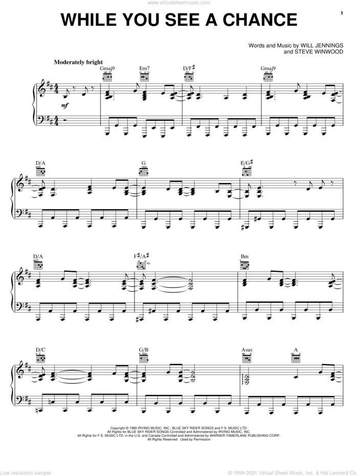 While You See A Chance sheet music for voice, piano or guitar by Steve Winwood and Will Jennings, intermediate skill level