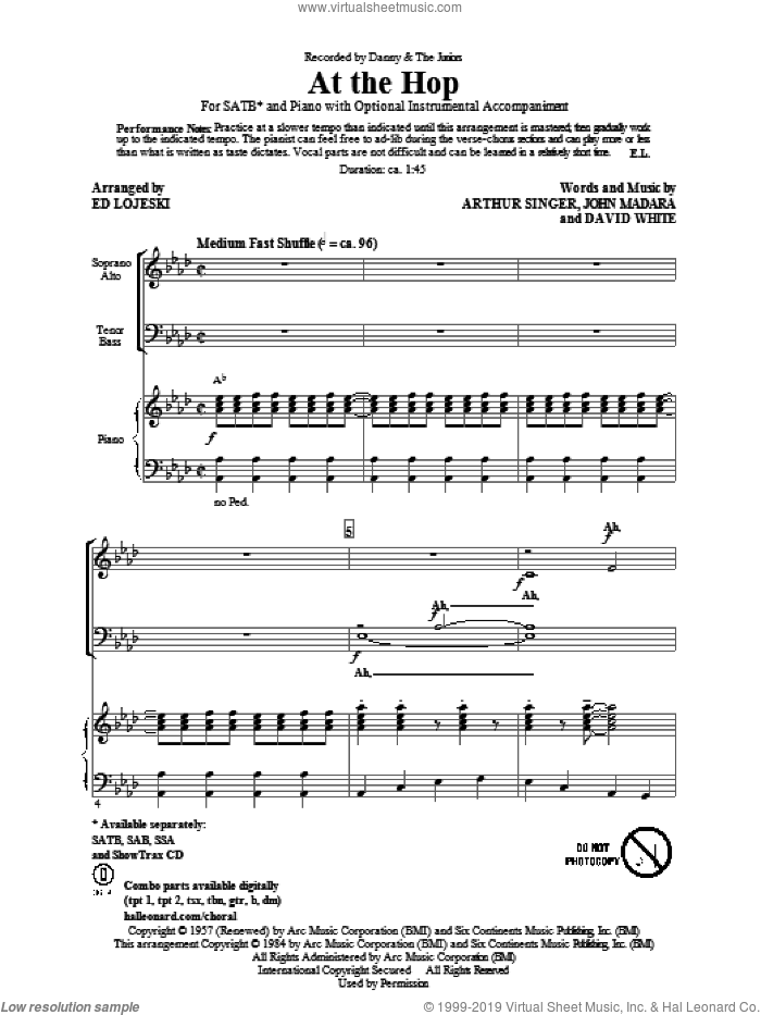 At The Hop (arr. Kirby Shaw) sheet music for choir (SATB: soprano, alto, tenor, bass) by Ed Lojeski, Arthur Singer, David White, John Madara and Danny & The Juniors, intermediate skill level