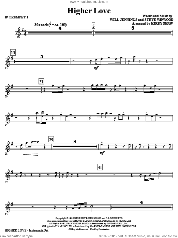 Higher Love (complete set of parts) sheet music for orchestra/band by Will Jennings, Steve Winwood and Kirby Shaw, intermediate skill level