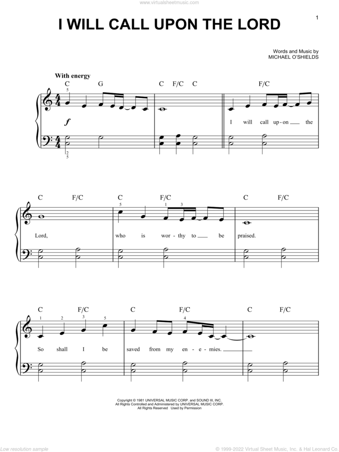I Will Call Upon The Lord, (easy) sheet music for piano solo by Michael O'Shields, easy skill level