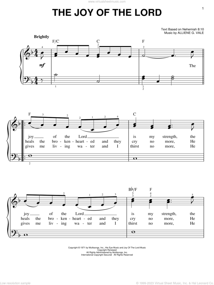 The Joy Of The Lord sheet music for piano solo by Alliene G. Vale, easy skill level