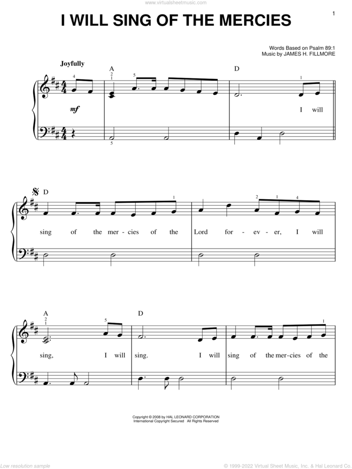 I Will Sing Of The Mercies sheet music for piano solo by James H. Fillmore, easy skill level