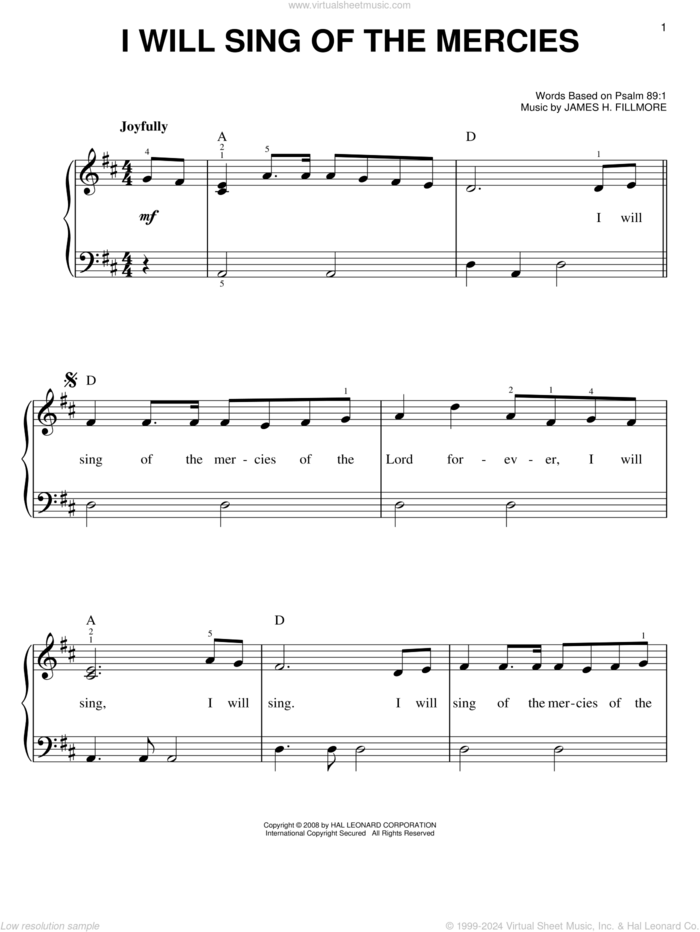 I Will Sing Of The Mercies sheet music for piano solo by James H. Fillmore, easy skill level