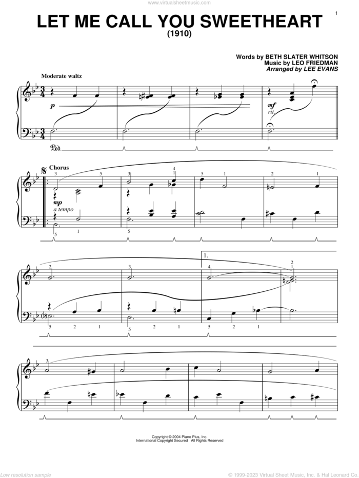 Let Me Call You Sweetheart sheet music for piano solo by Beth Slater Whitson and Leo Friedman, wedding score, intermediate skill level