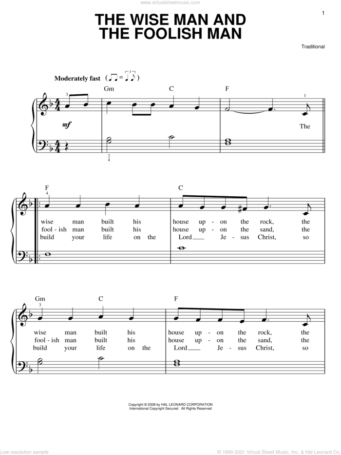 The Wise Man And The Foolish Man sheet music for piano solo, easy skill level