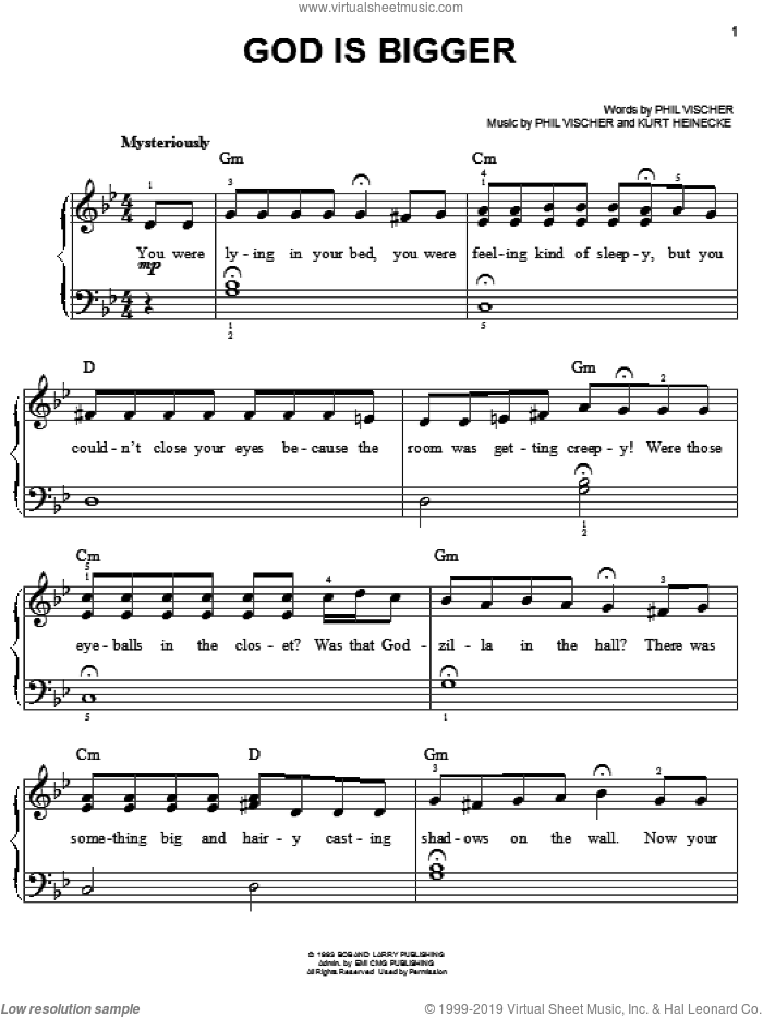God Is Bigger sheet music for piano solo by Phil Vischer and Kurt Heinecke, easy skill level