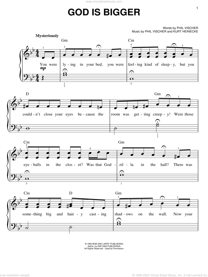 God Is Bigger sheet music for piano solo by Phil Vischer and Kurt Heinecke, easy skill level