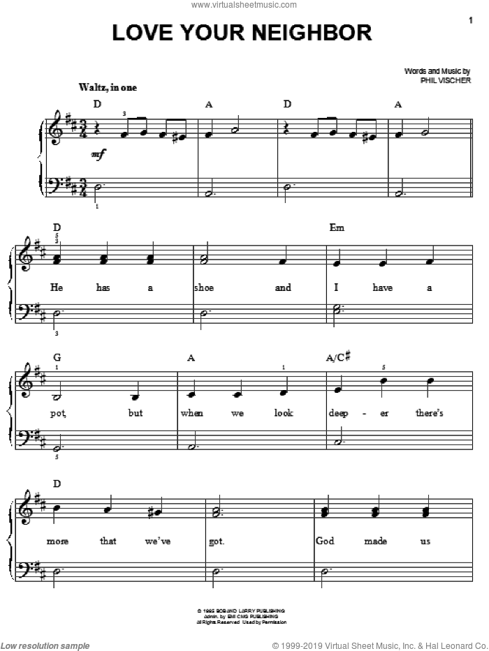 Love Your Neighbor sheet music for piano solo by Phil Vischer, easy skill level