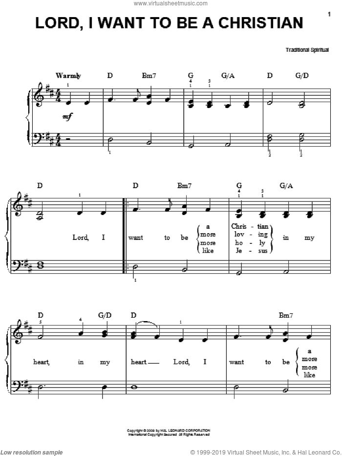 Lord, I Want To Be A Christian sheet music for piano solo, easy skill level