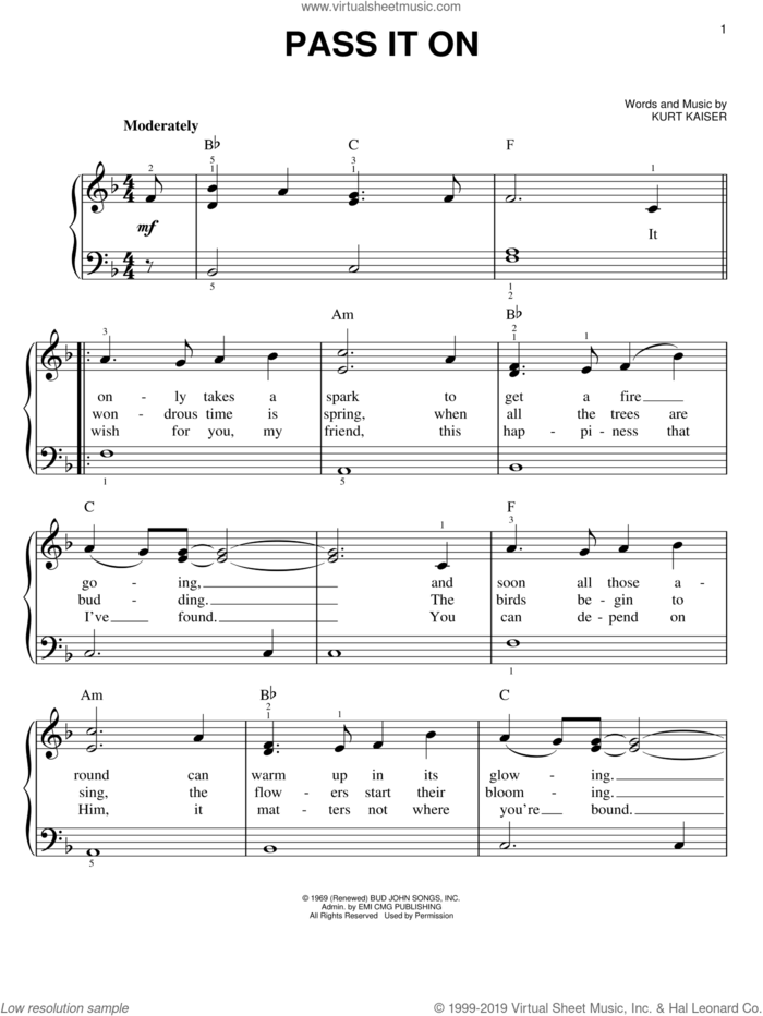 Pass It On sheet music for piano solo by Kurt Kaiser, easy skill level