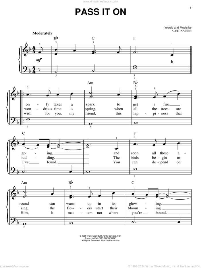 Pass It On sheet music for piano solo by Kurt Kaiser, easy skill level