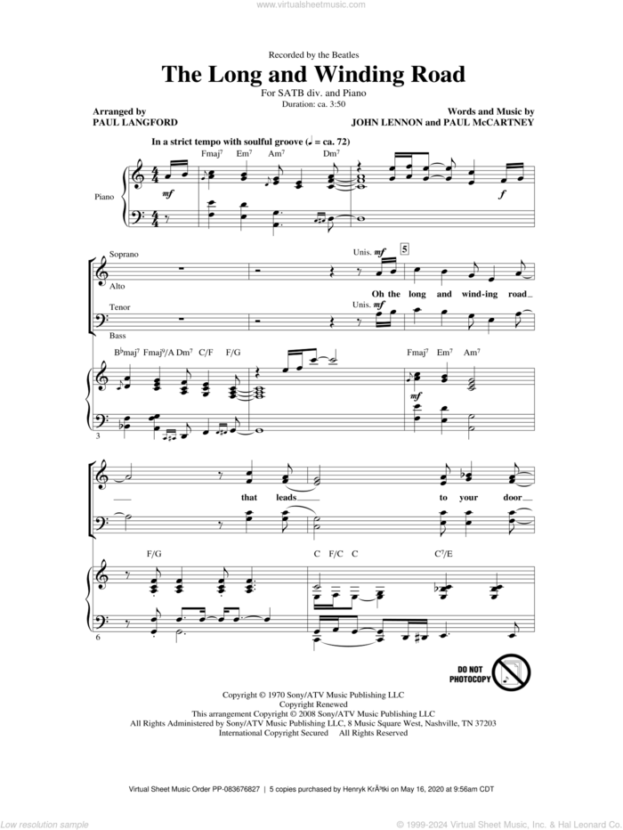 The Long And Winding Road (arr. Simon Foxley) sheet music for choir (SATB: soprano, alto, tenor, bass) by Paul McCartney, John Lennon, Jerry Rubino, Paul Langford and The Beatles, intermediate skill level