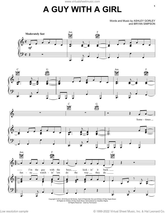 A Guy With A Girl sheet music for voice, piano or guitar by Blake Shelton, Ashley Gorley and Bryan Simpson, intermediate skill level