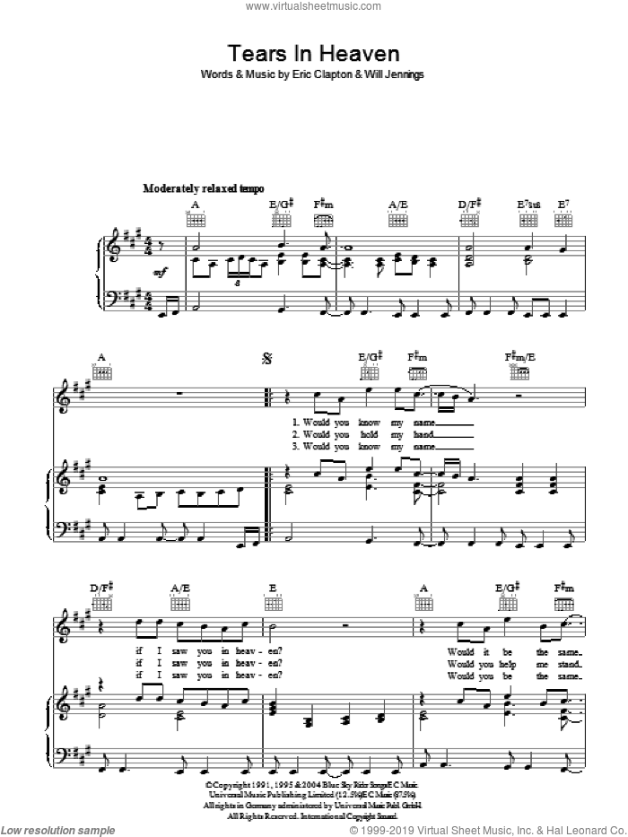Tears In Heaven sheet music for voice, piano or guitar by Eric Clapton and Will Jennings, intermediate skill level