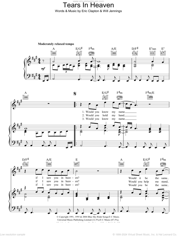 Tears In Heaven sheet music for voice, piano or guitar by Eric Clapton and Will Jennings, intermediate skill level