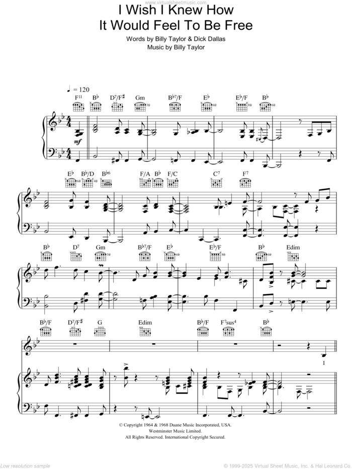 I Wish I Knew How It Would Feel To Be Free sheet music for voice, piano or guitar by Nina Simone, Billy Taylor and Dick Dallas, intermediate skill level