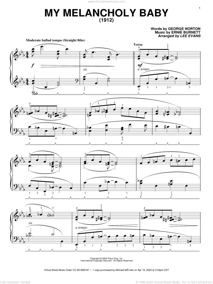 My Melancholy Baby sheet music for piano solo by Ernie Burnett and George A. Norton, intermediate skill level