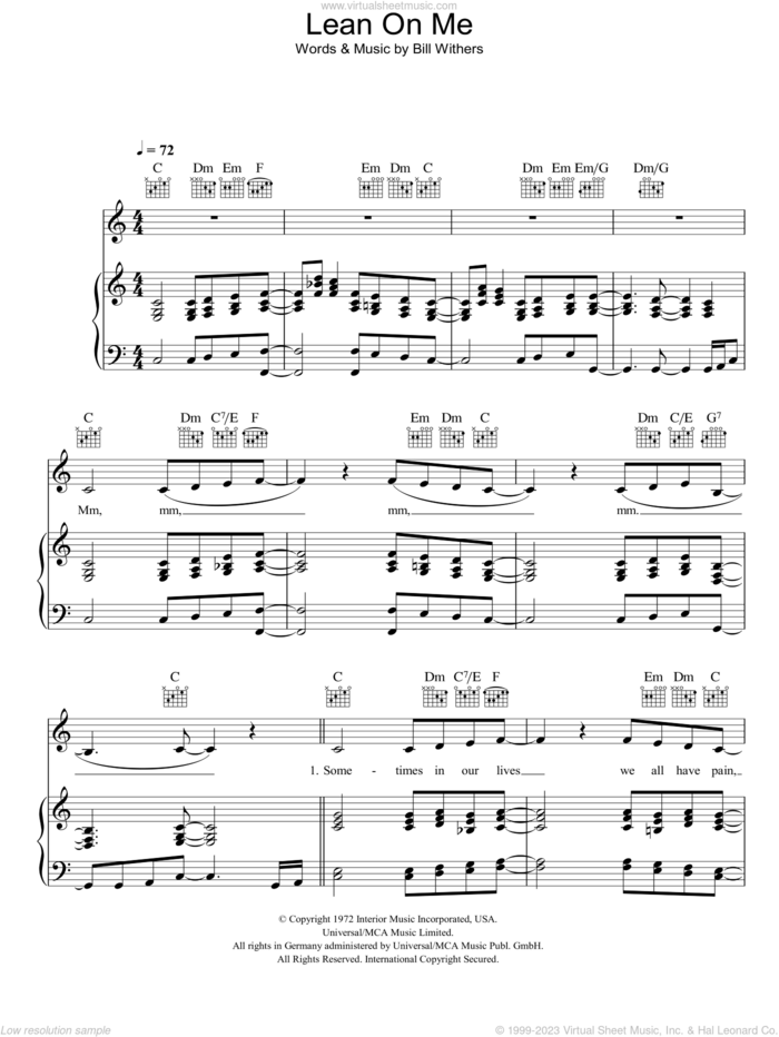 Lean On Me sheet music for voice, piano or guitar by Bill Withers, intermediate skill level