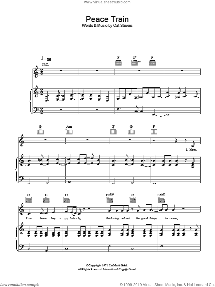 Peace Train sheet music for voice, piano or guitar by Cat Stevens, intermediate skill level