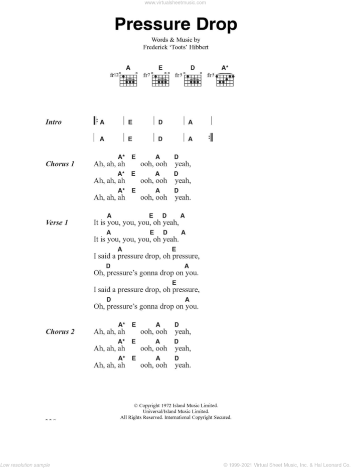 Pressure Drop sheet music for guitar (chords) by The Clash and Frederick 'Toots' Hibbert, intermediate skill level