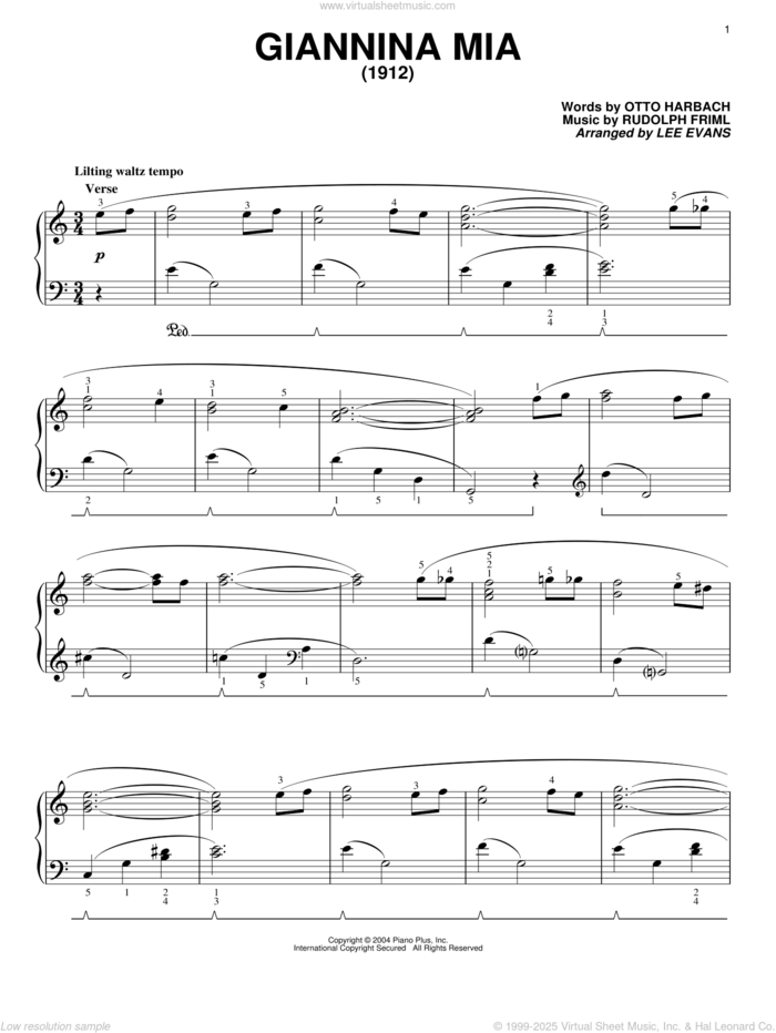 Giannina Mia sheet music for piano solo by Otto Harbach and Rudolf Friml, intermediate skill level